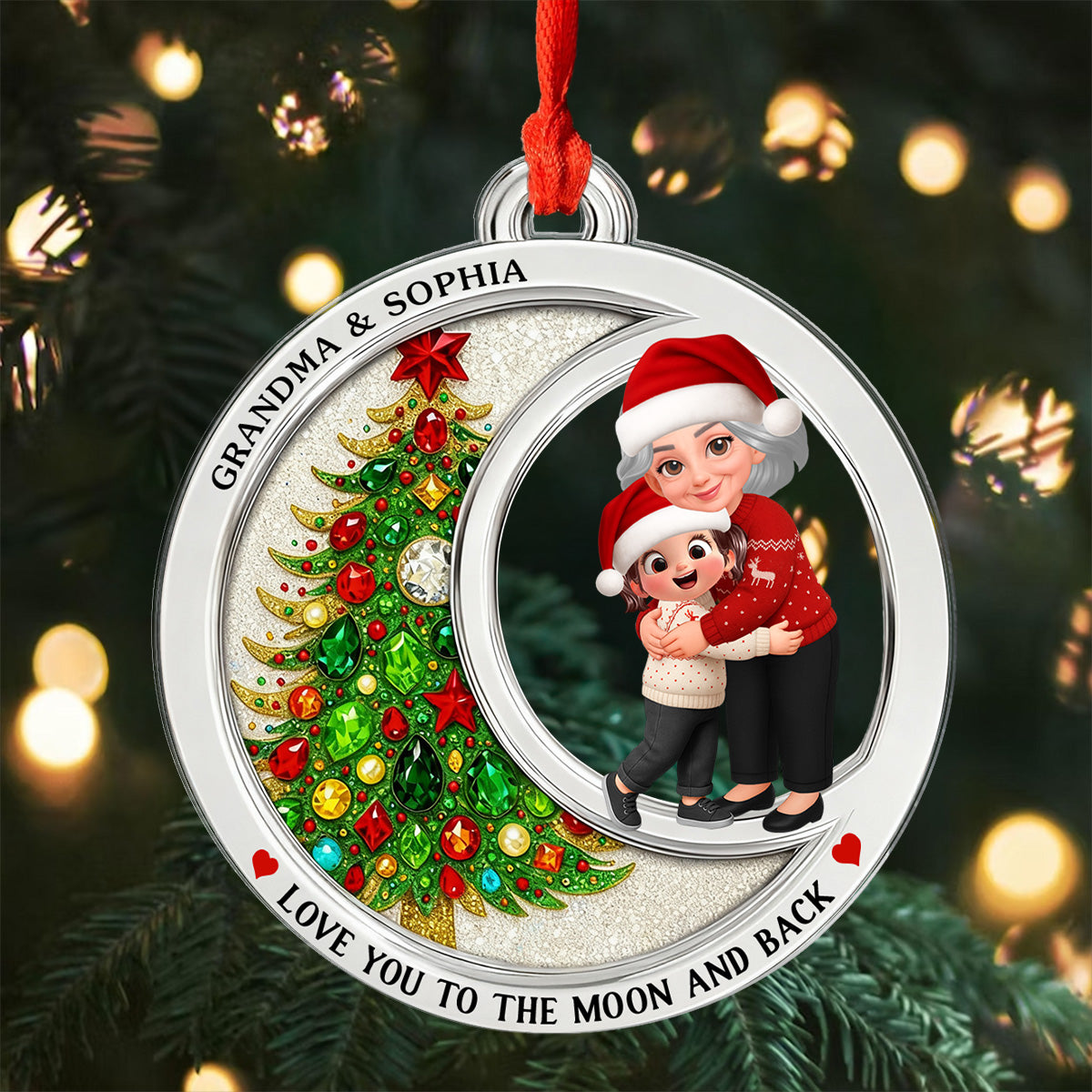 2D Flat Crystal Effect Love To The Moon Grandma Hugging Grandkid - Personalized Acrylic Ornament
