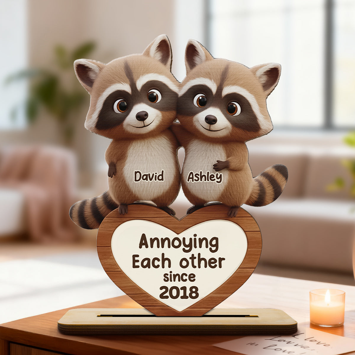 Raccoon Couple Annoying Each Other - Personalized Standing Wooden Plaque - Gift for Couple, Gift for him, Gift for her