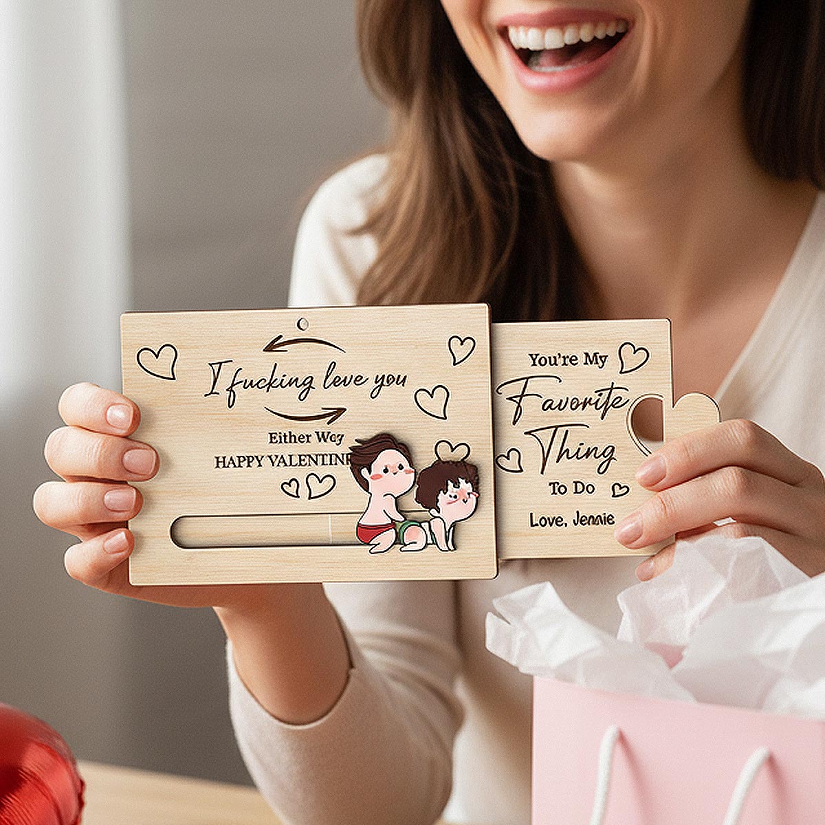 I Fcking Love You Funny Inappropriate Couple Cartoon Style - Personalized Wooden Slider Ornament - Valentine's Day Gift For Him, For Her