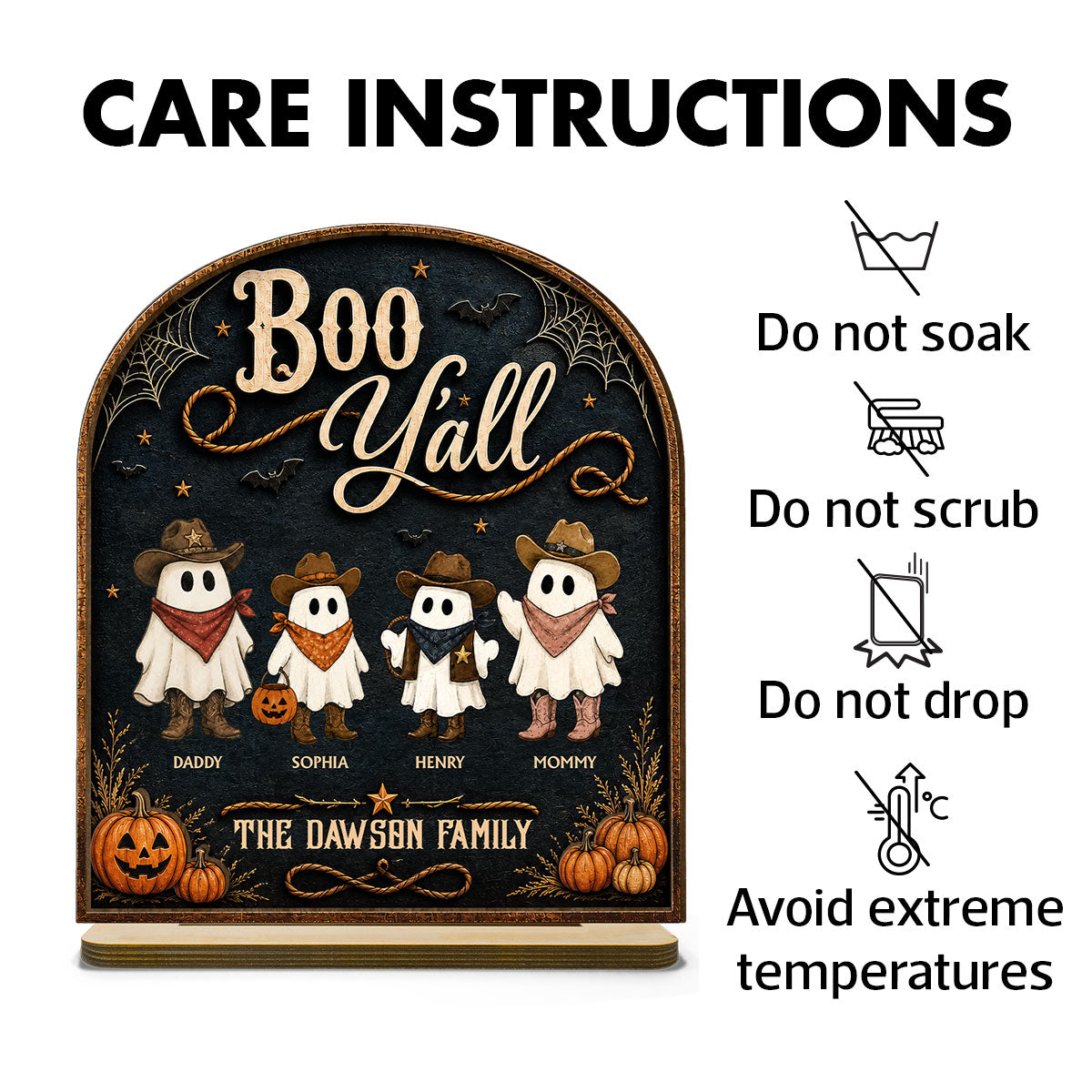 Boo Y'all Cowboy Ghost Family 2D Flat - Personalized 2-Layered Wooden Plaque - Western Country Vibe Halloween Decor