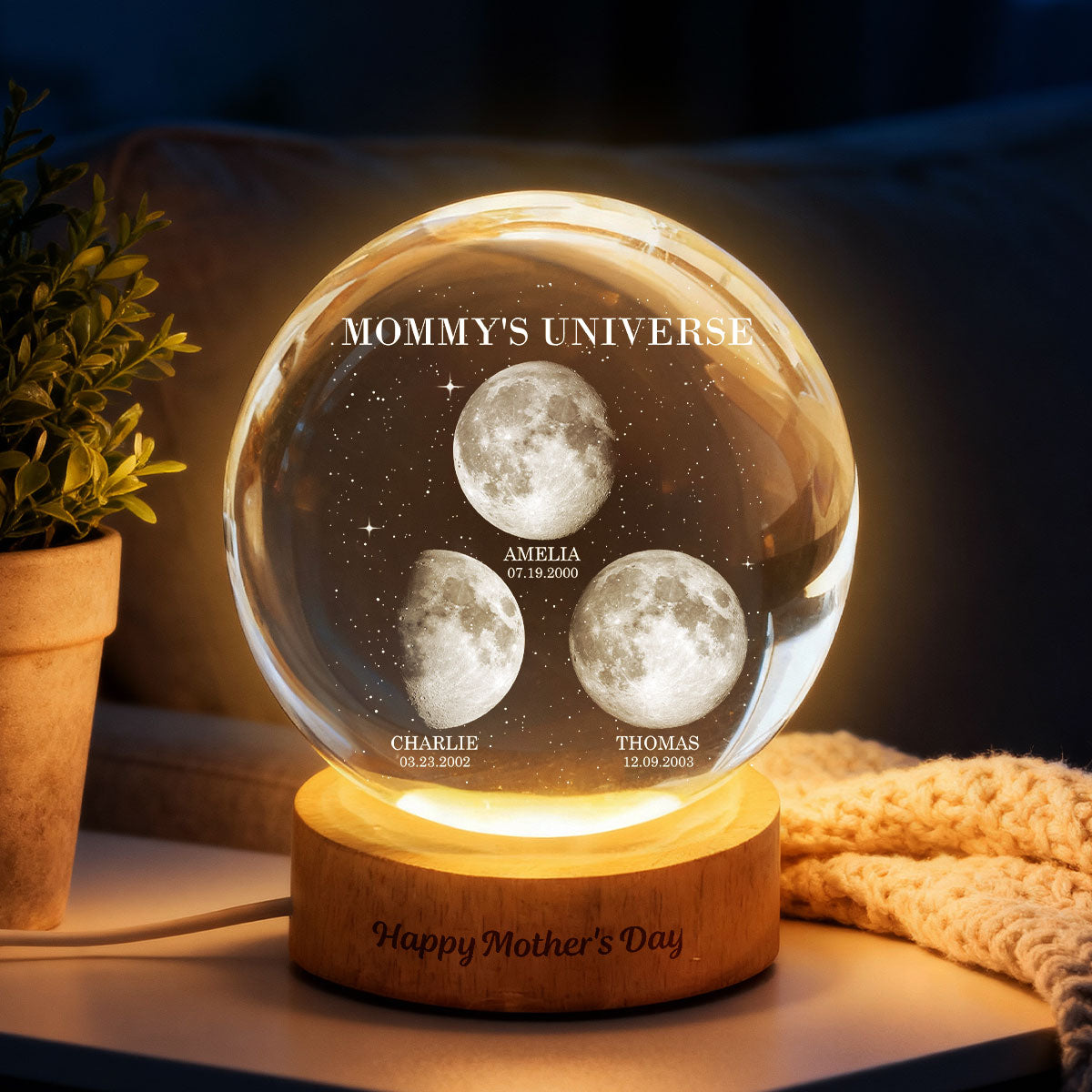 Mommy's Universe, Custom Moon Phase by Date - Personalized Crystal Ball LED Night Light - Mother's Day Gift for Mom, Wife