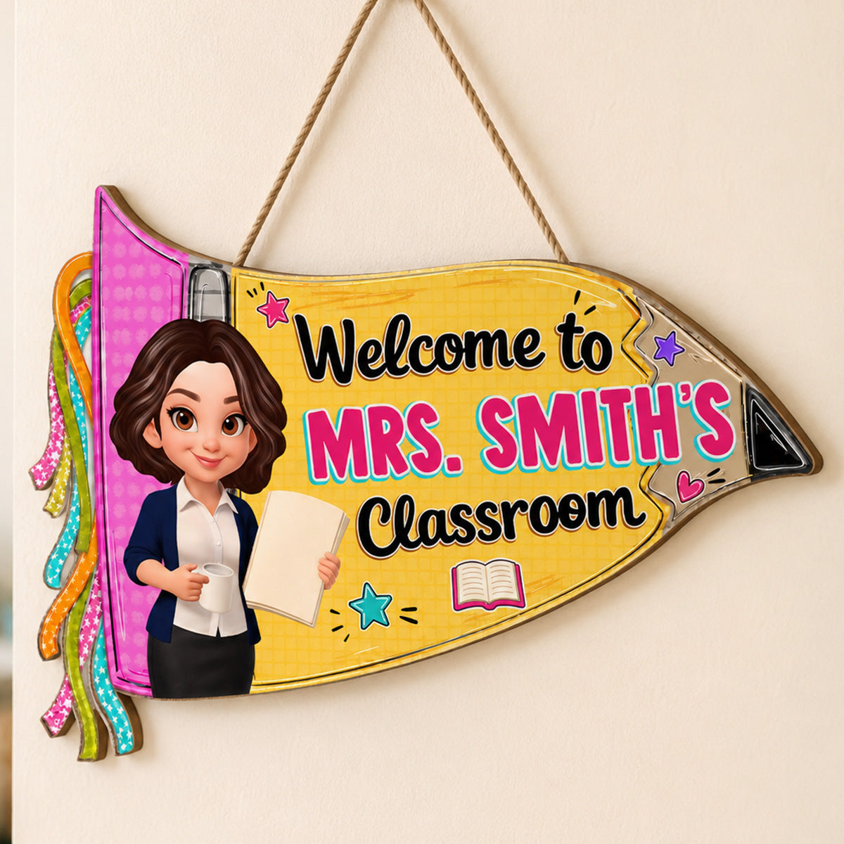 Pencil Pennant Flag Welcome To Teacher Classroom - Personalized Door Hanger