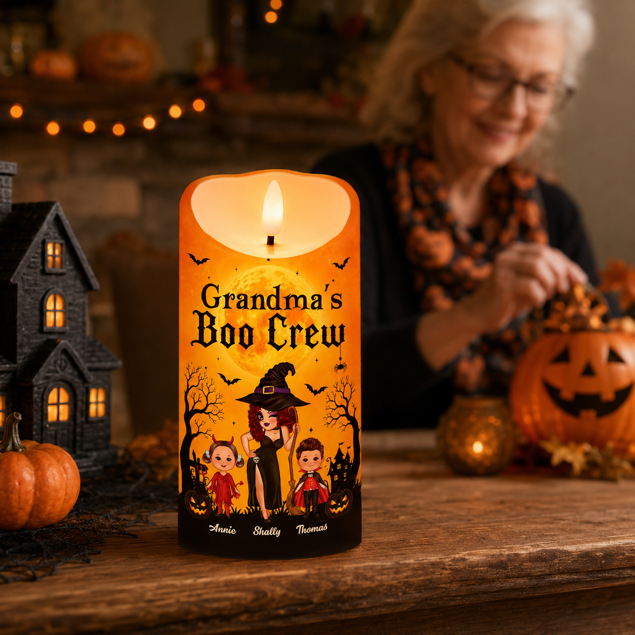Grandma's Boo Crew Grandma Pretty Witch & Kids - Personalized LED Candle - Perfect Halloween Decor for Grandma