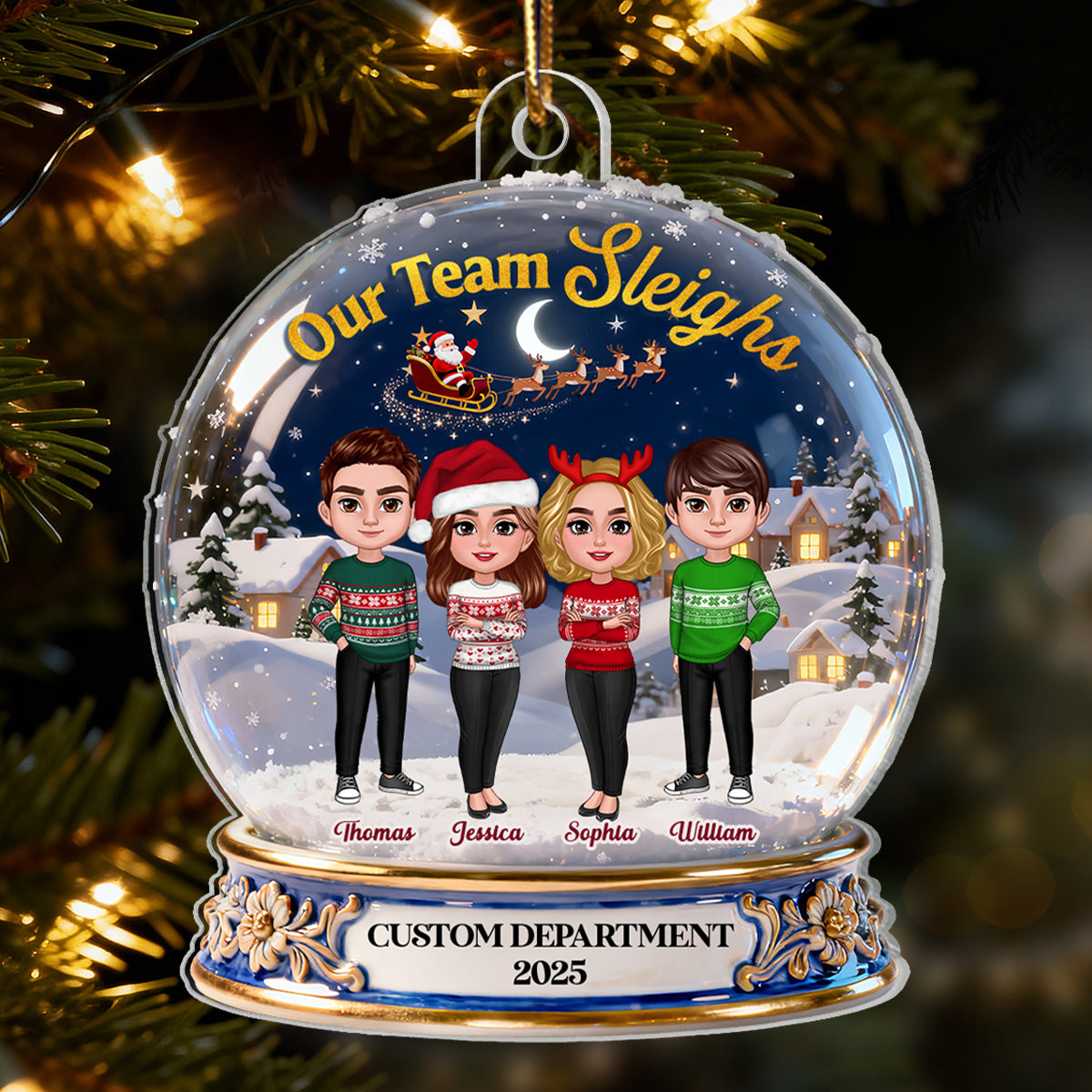 3D Effect Flat Snow Globe Our Team Sleighs Best Team Ever - Personalized Acrylic Ornament, Company Christmas Gift For Staff, For Employees
