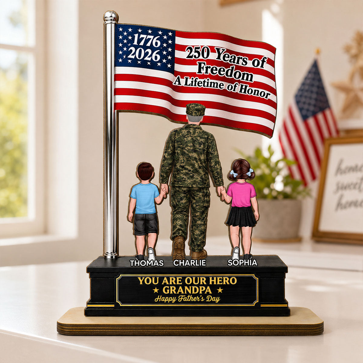 Proud American Military Veteran Grandpa Dad America 250th Anniversary - Personalized 2-Layered Wooden Plaque -  Gift For Dad, Grandpa Husband