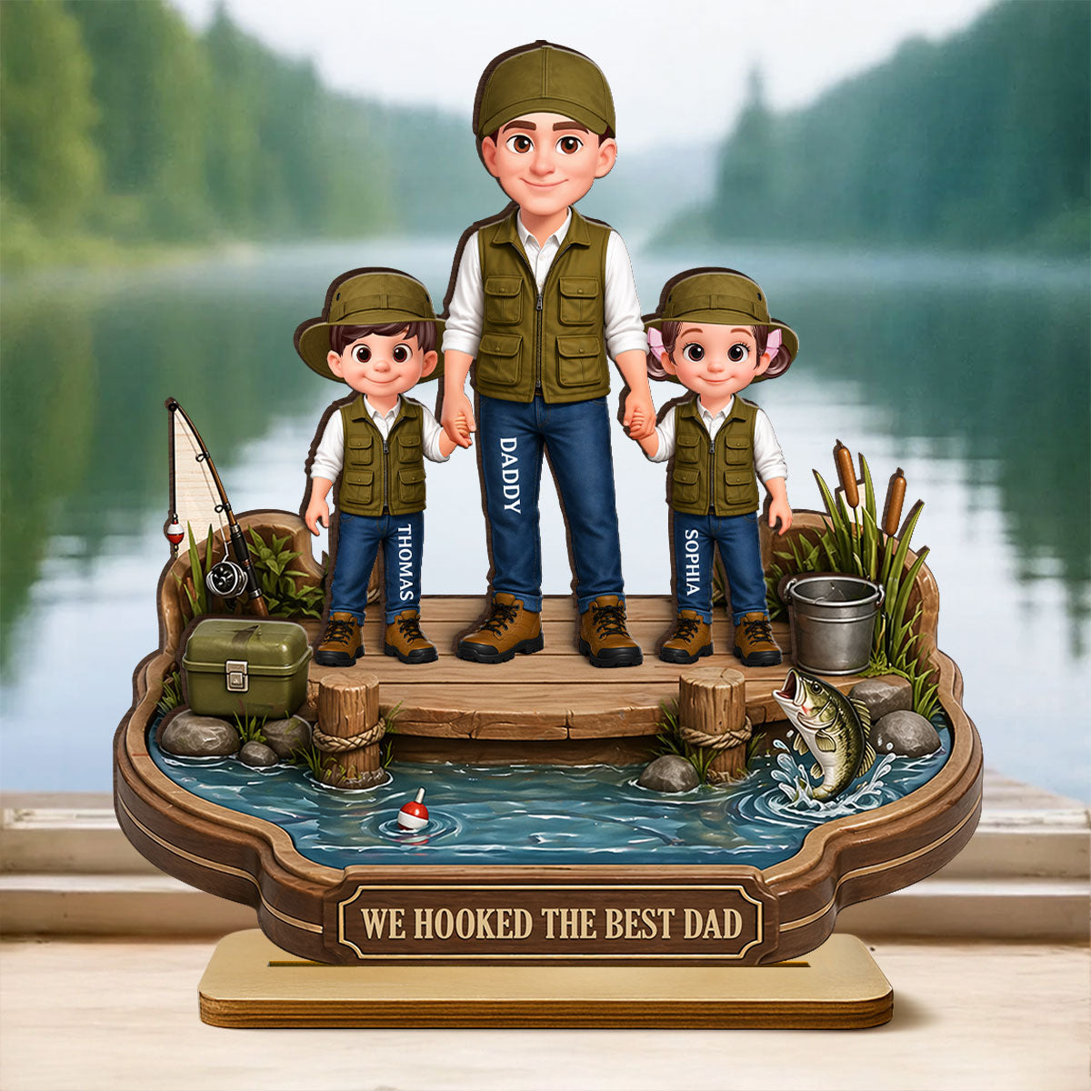 Dad's Little Fishing Partners - Personalized 2-Layered Wooden Plaque - Heartfelt Gift For Fishing Dad, Gift For Husband