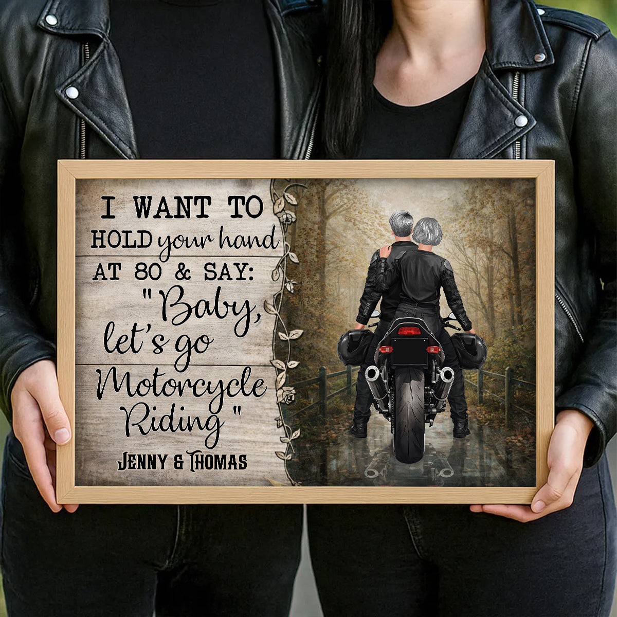 Hold Your Hand at 80s and Go Motorcyle Riding Biker Couples - Personalized Poster - Anniversary Gift for him, for her
