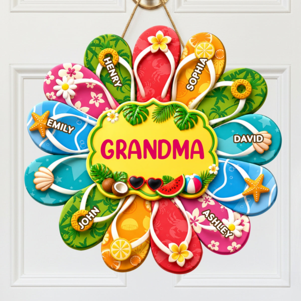 Hello Summer Grandma Flip Flop Custom Grandkids Names - Personalized Wood Sign - Summer Decoration