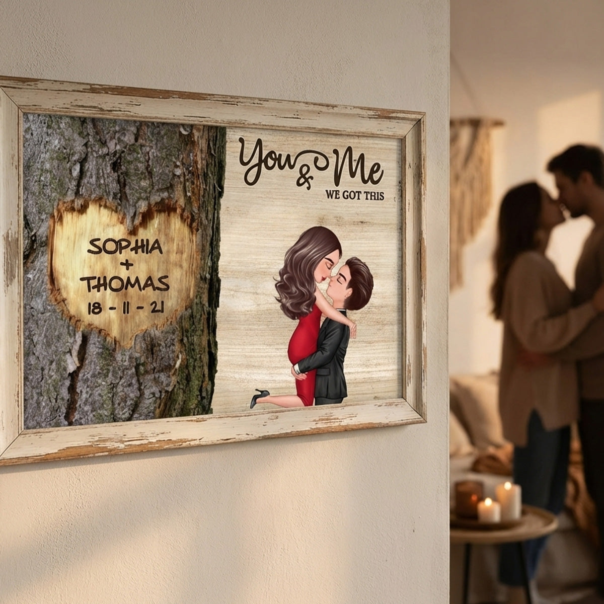 Couple Hugging Kissing Heart Carved Tree - Personalized Poster - Anniversary Gift, Valentine's Gift For Him, For Her