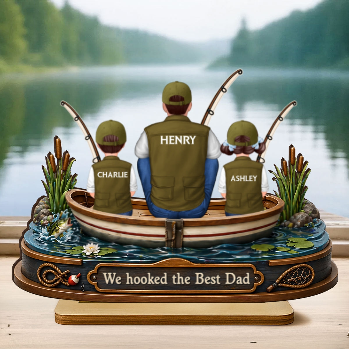 Dad And Kids Fishing Boat - Personalized 2-Layered Wooden Plaque - Heartfelt Gift For Fishing Dad, Gift For Husband