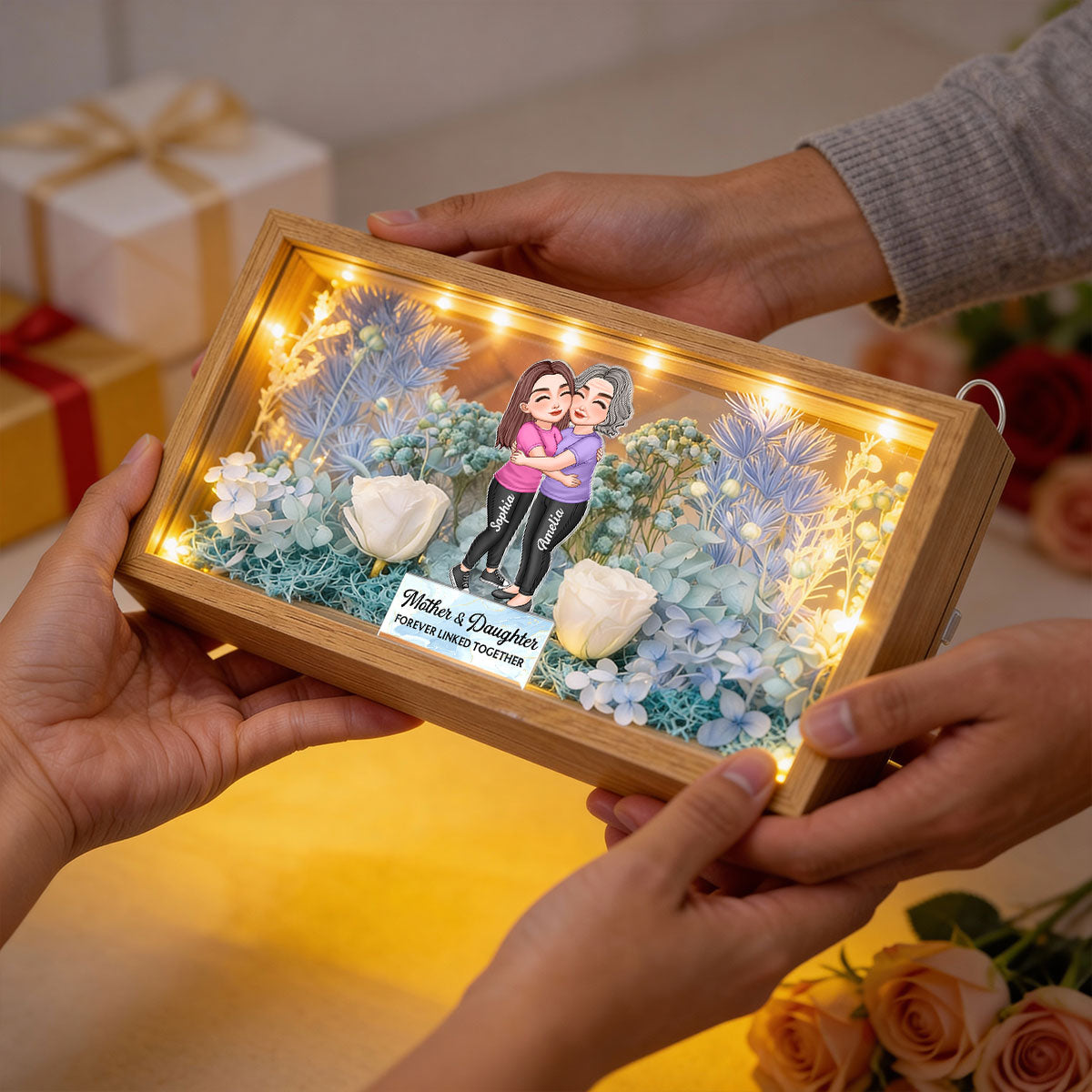 Mom & Daughter Forever Linked Together - Personalized DIY Flower Shadow Box LED Night Light - Gift For Mom, Daughter