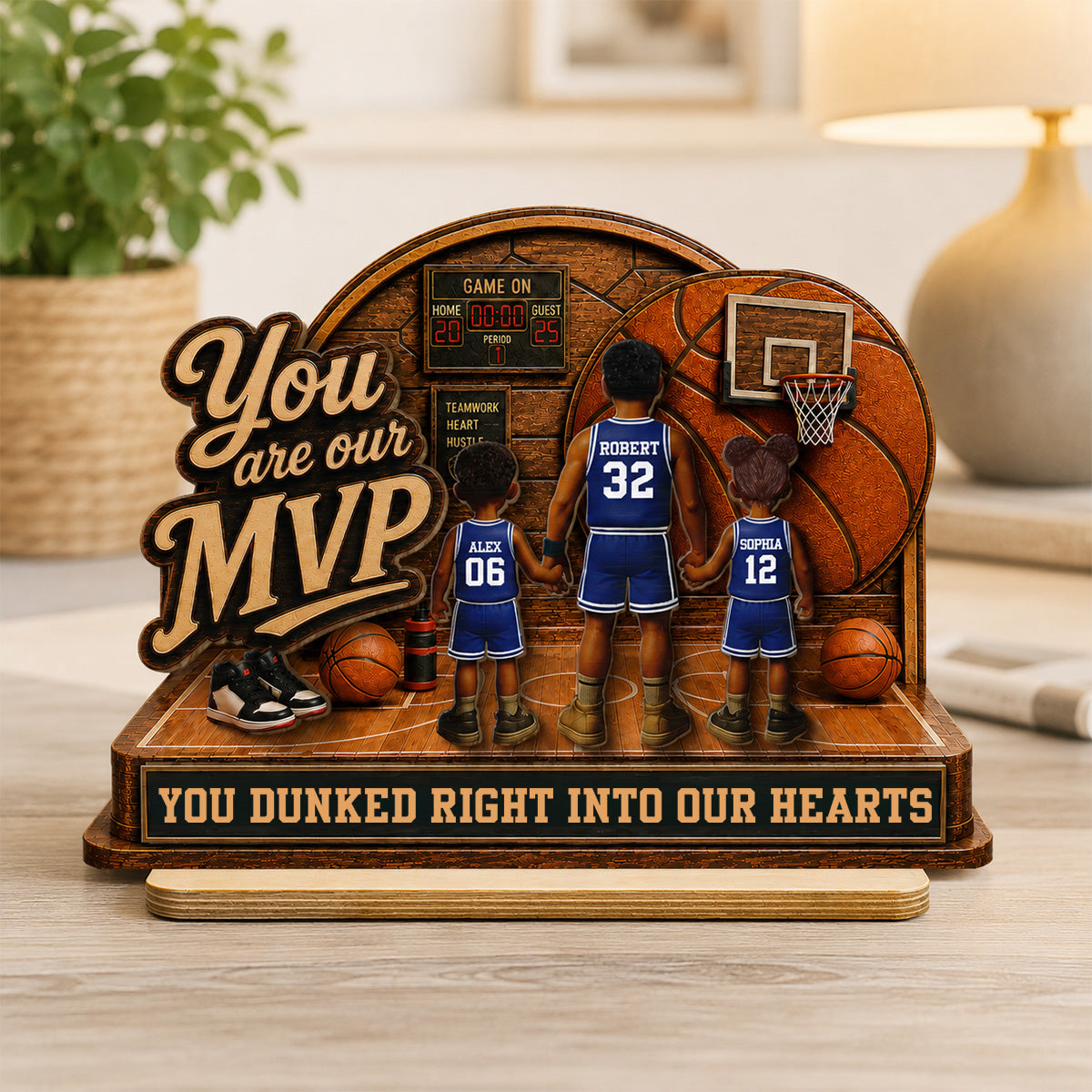 You Are Our MVP Standing Basketball Man & Kids 2D Flat - Personalized 2-Layered Wooden Plaque -  Gift For Basketball Dad