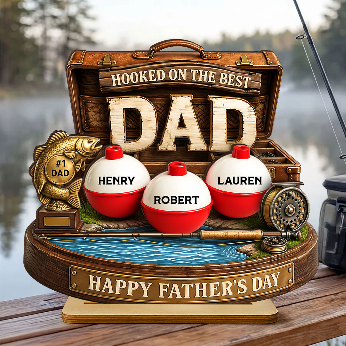 Hooked On The Best Dad Fishing - Personalized 2-Layered Wooden Plaque - Heartfelt Gift For Fishing Dad, Gift For Husband
