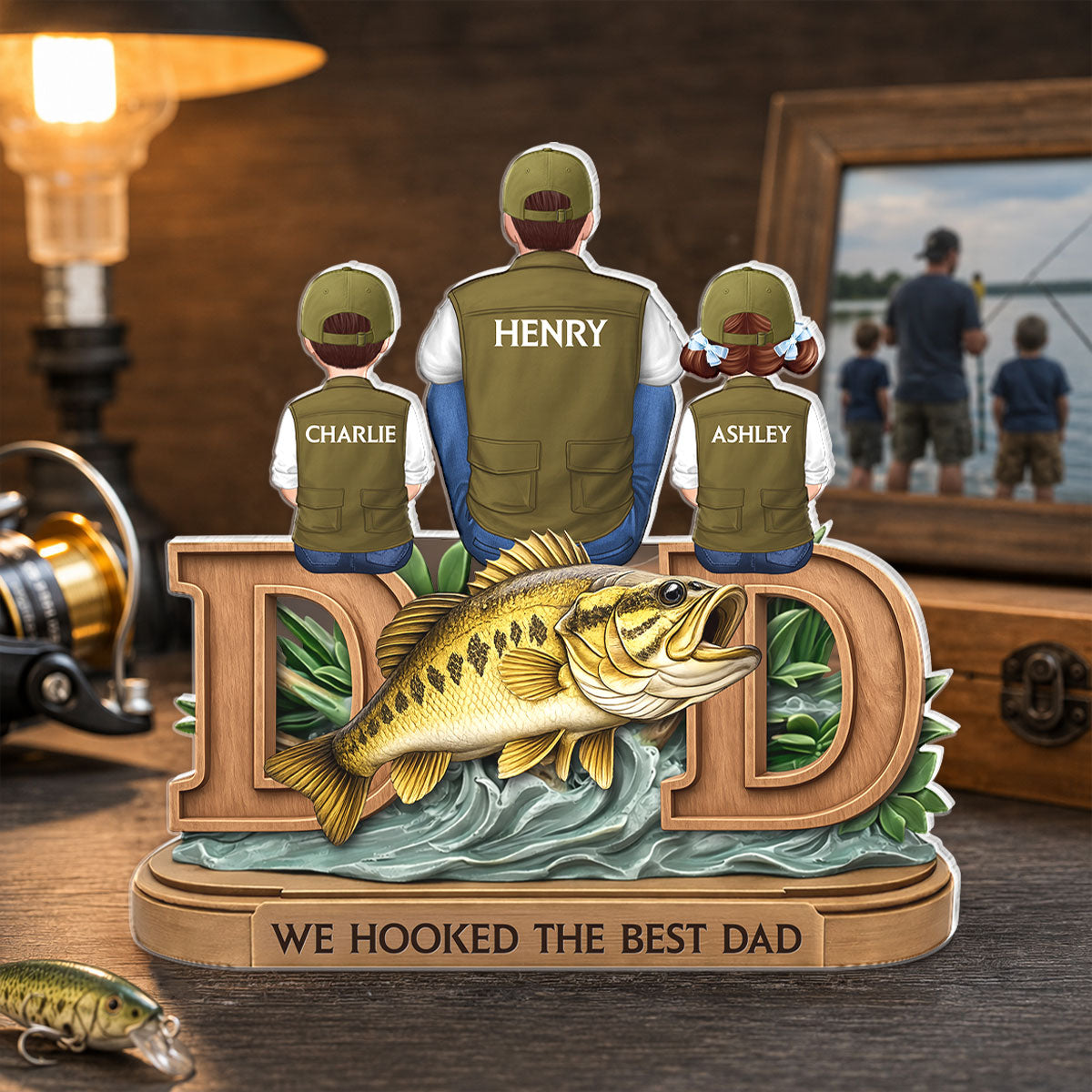 Fishing Dad And Kids Sitting Together - Personalized Acrylic Block Plaque - Heartfelt Gift For Fishing Dad, Husband