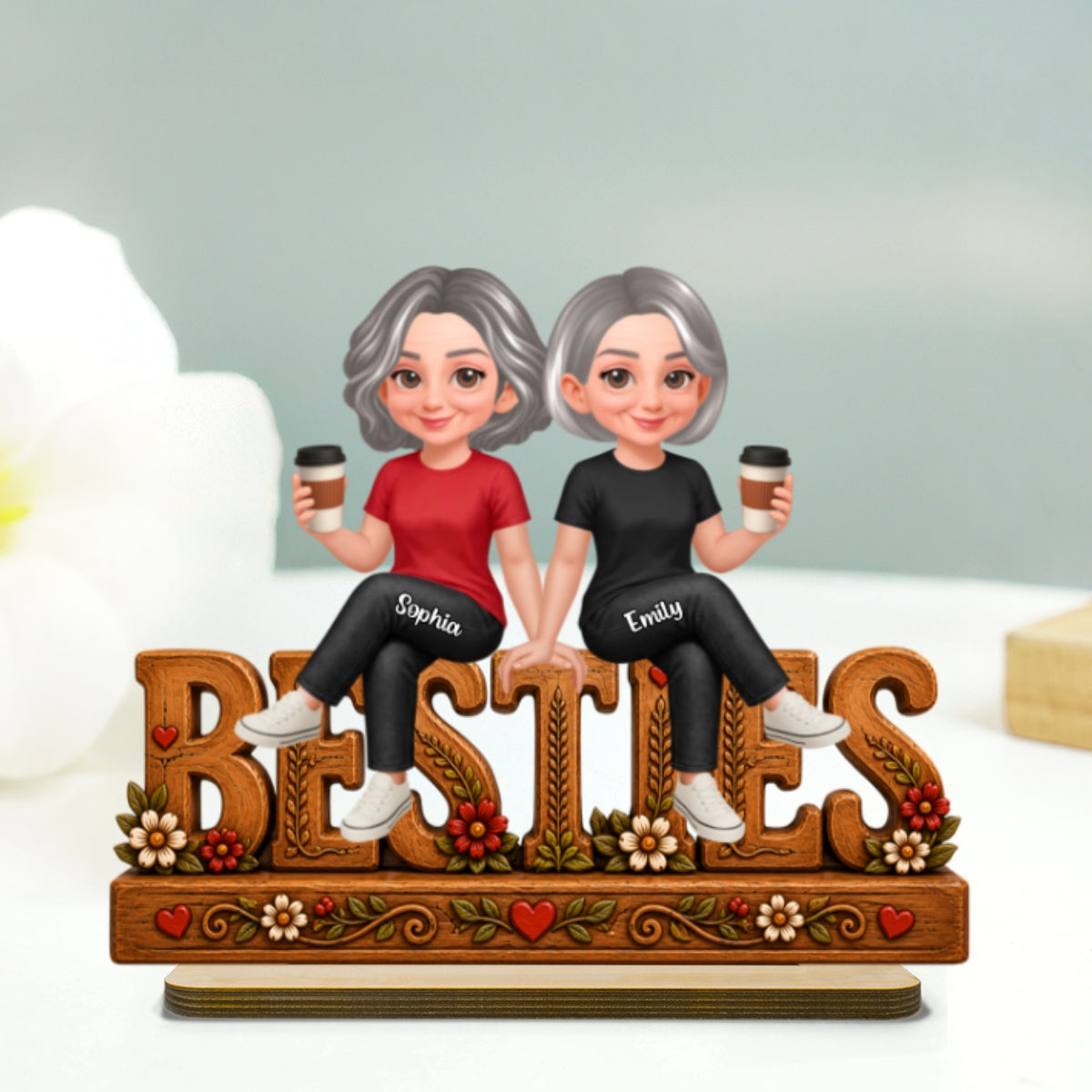 Floral Besties Forever Friends Forever - Personalized 2-Layered Wooden Plaque - Birthday Gift, Keepsake, Gift For Best Friends