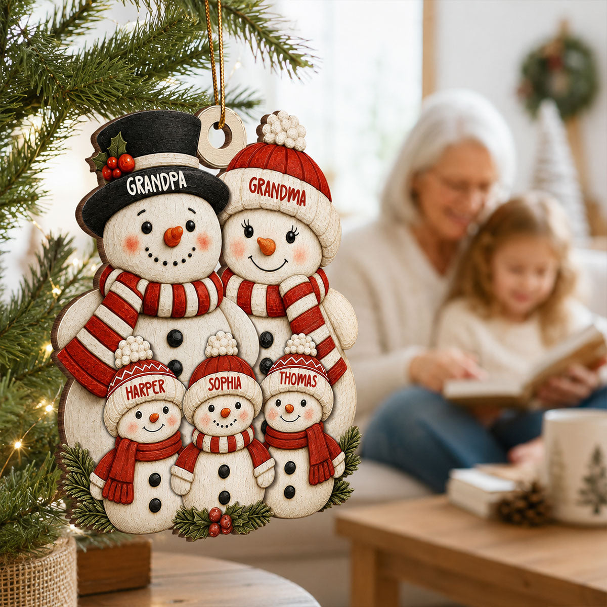 Cute Snowman Grandparents & Grandkids 2D Flat Printed - Personalized Wooden Ornament - Christmas Tree Decor For Family, Grandma, Grandpa