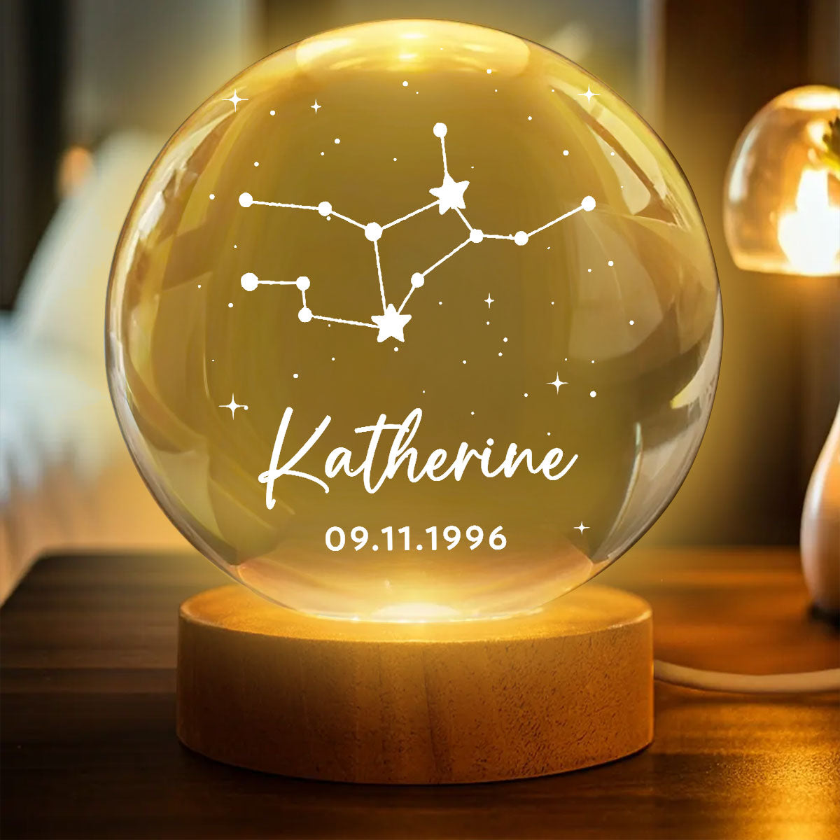 Birthday Zodiac Constellation Astrology Star Sign Art - Personalized Crystal Ball LED Night Light - Birthday Gift, Keepsake