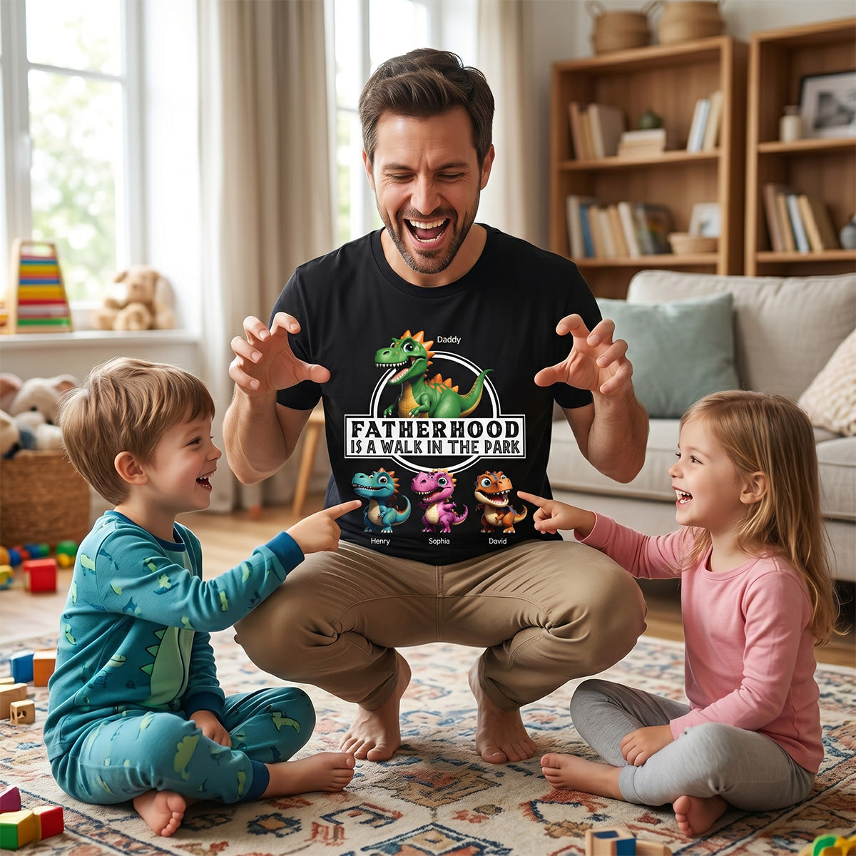 Fatherhood Is A Walk In The Park Dinosaurs Dad & Kids - Personalized Shirt - Father's Day Gift For Husband, Dad