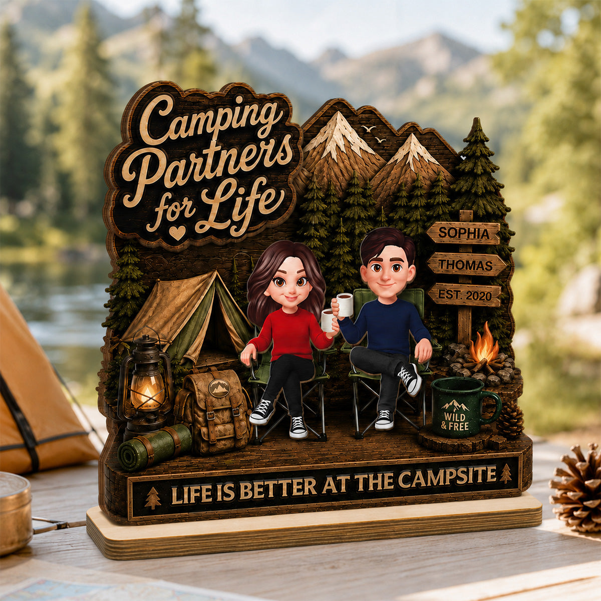 Camping Partners For Life 2D Flat - Personalized 2-Layered Wooden Plaque