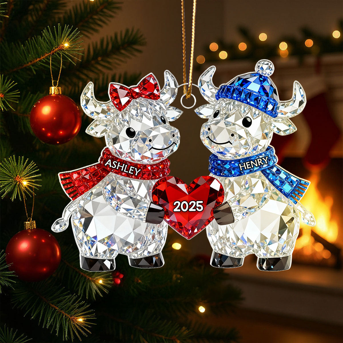 3D Crystal Effect Christmas Highland Cow Couple - Personalized Acrylic Ornament - Heartwarming Christmas Gift for Couple