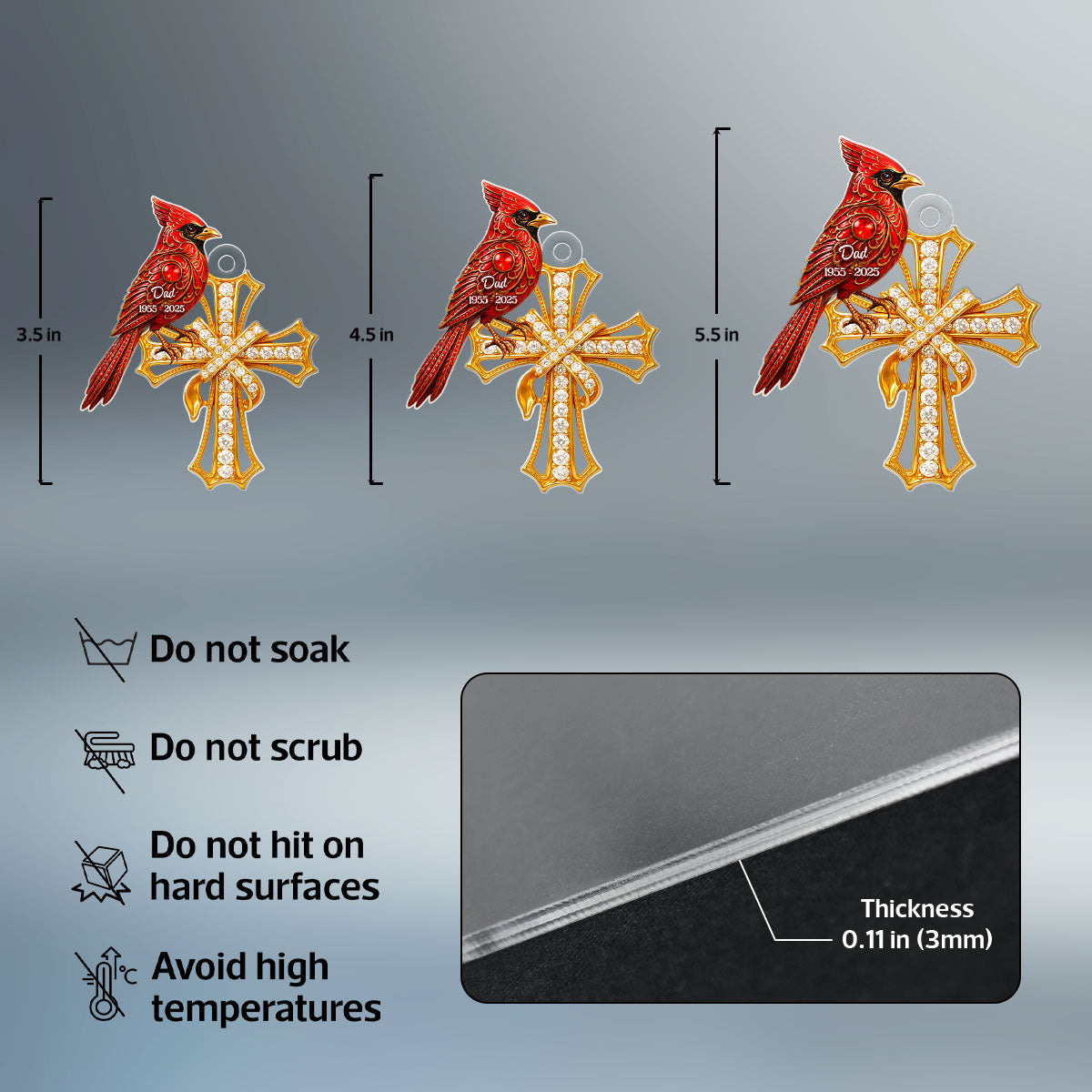 Red Cardinal On Cross 3D Crystal Effect - Personalized Acrylic Ornament - Family Memorial Keepsake