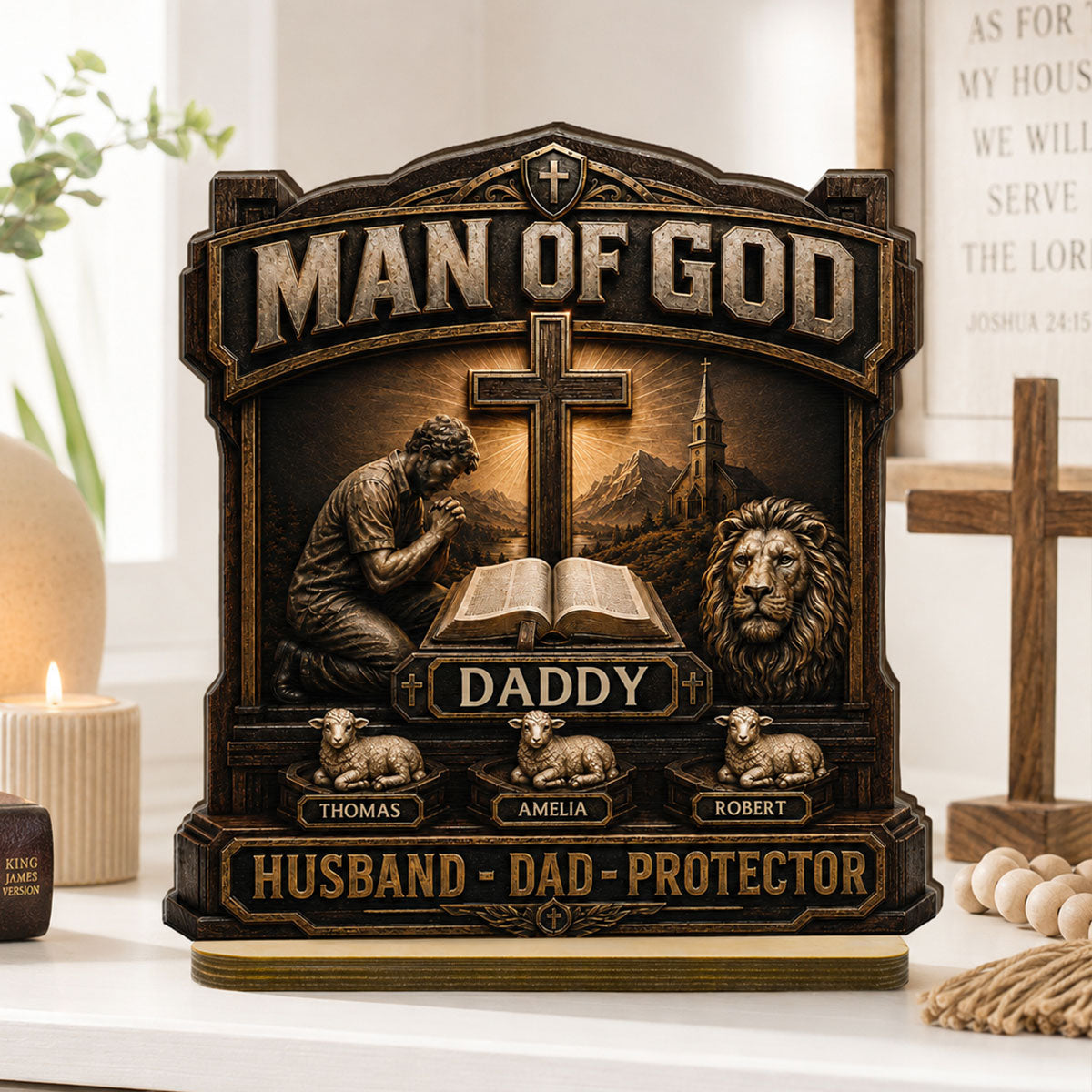 Man Of God - Personalized 2-Layered Wooden Plaque -  Gift For Dad, Husband, Grandpa, Christian Dad