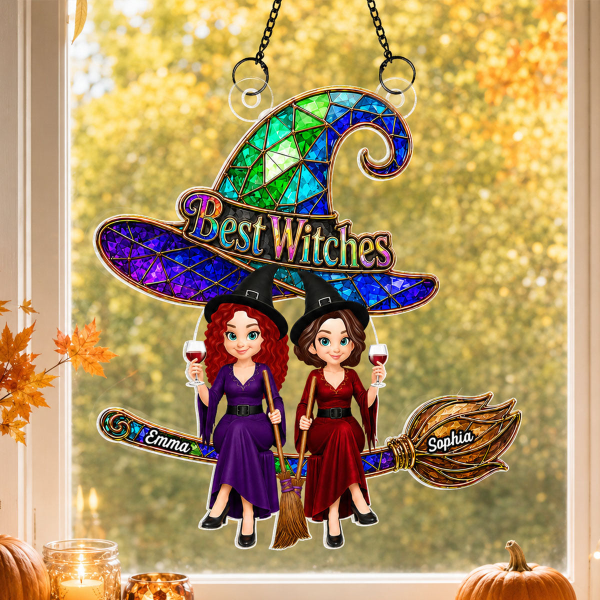Trending Witches Sitting On Broom - Personalized Acrylic Window Hanging - Halloween Decoration For Besties, Girls