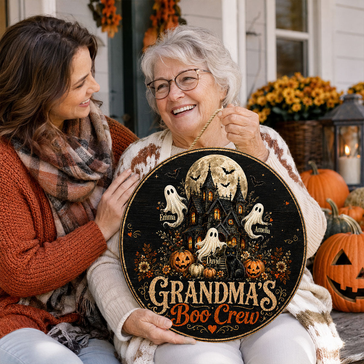 Grandma's Boo Crew Halloween Haunted House - Personalized Wooden Door Sign - Halloween Decor for Grandma