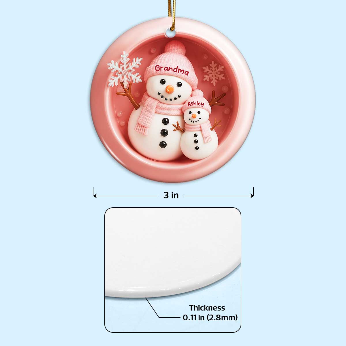 3D Effect Snowman Grandma Granddaughter Grandson - Personalized Ceramic Ornament