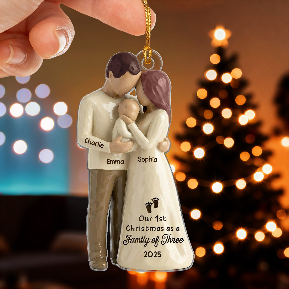 3D Effect First Christmas As Family Of Three Mom Dad & Baby - Personalized Car Hanger