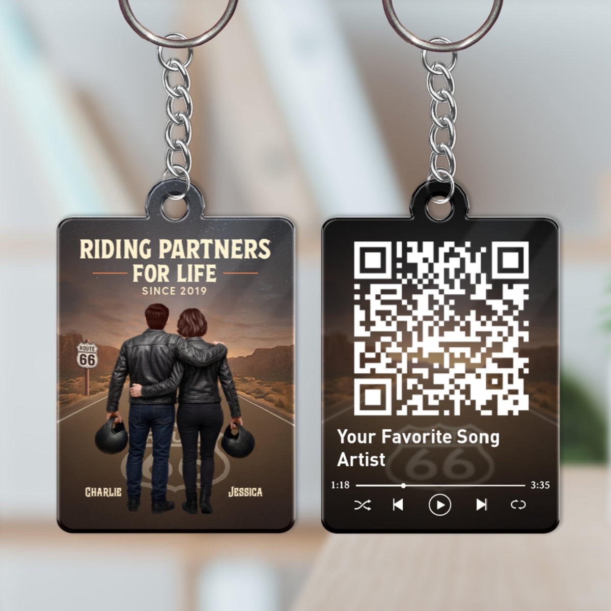 Eternal Love Back View Biker Couple Riding Partners For Life - Personalized Acrylic Keychain - Gift For Couple, Bikers, Scannable QR Code Favorite Song