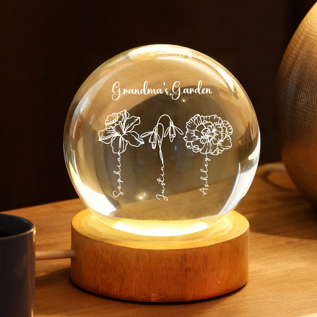 Grandma Garden Custom Birth Month Flowers - Personalized Crystal Ball LED Night Light - Heartfelt Gift For Grandma