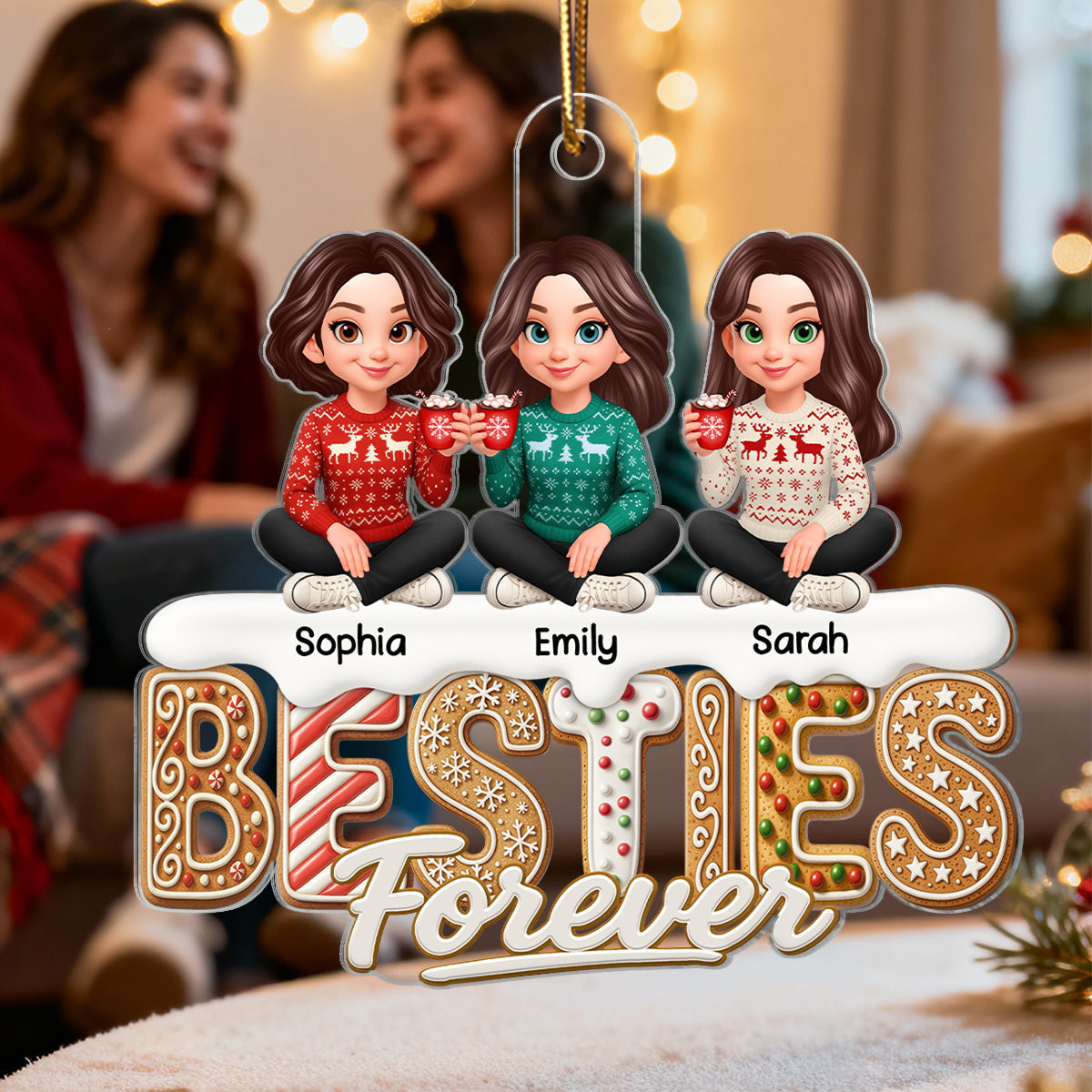 3D Effect Gingerbread Besties Forever - Personalized Acrylic Ornament - Gift For Besties