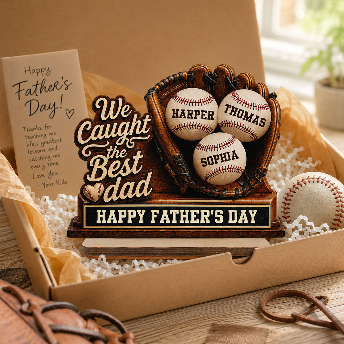 We Caught The Best Dad Baseball In Glove - Personalized 2-Layered Wooden Plaque - Happy  For Baseball Dad