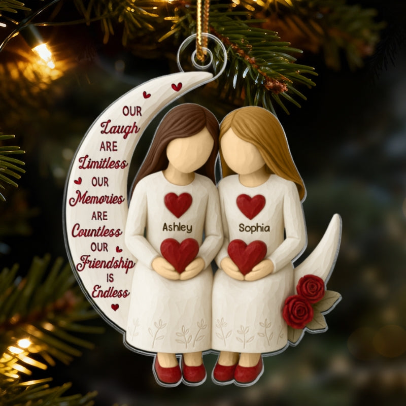 3D Effect Roses Besties On Moon - Personalized Acrylic Ornament - Christmas Gift For Best Friends