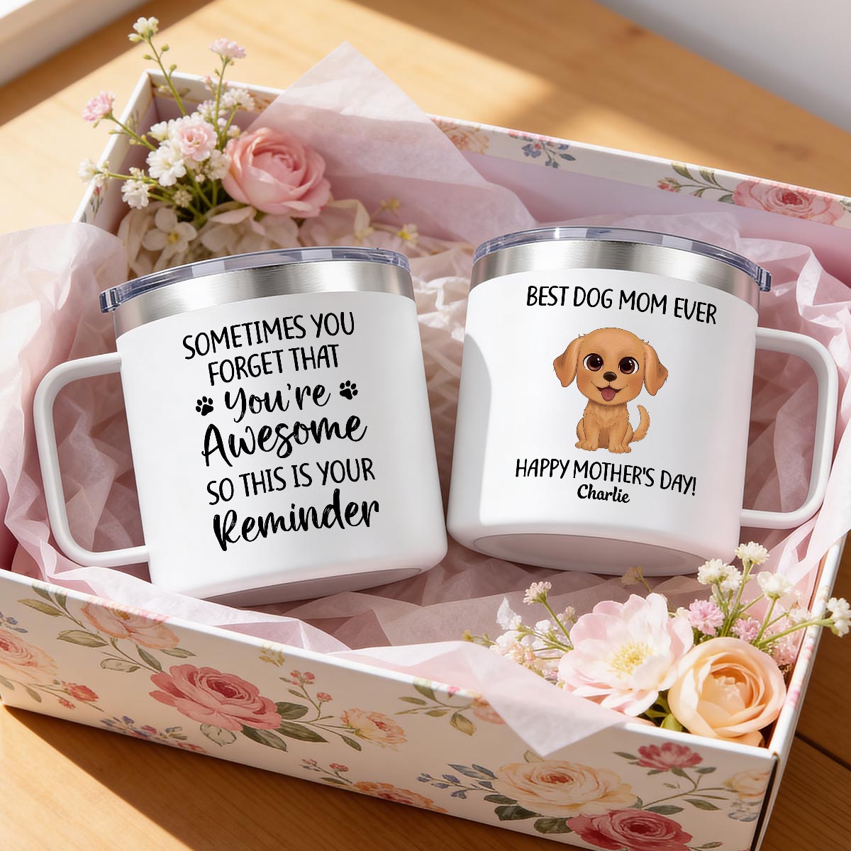 Sometimes You Forget That You're Awesome Dog Mom - Personalized Stainless Steel Tumbler with Handle - Mother's Day Gift For Dog Lovers
