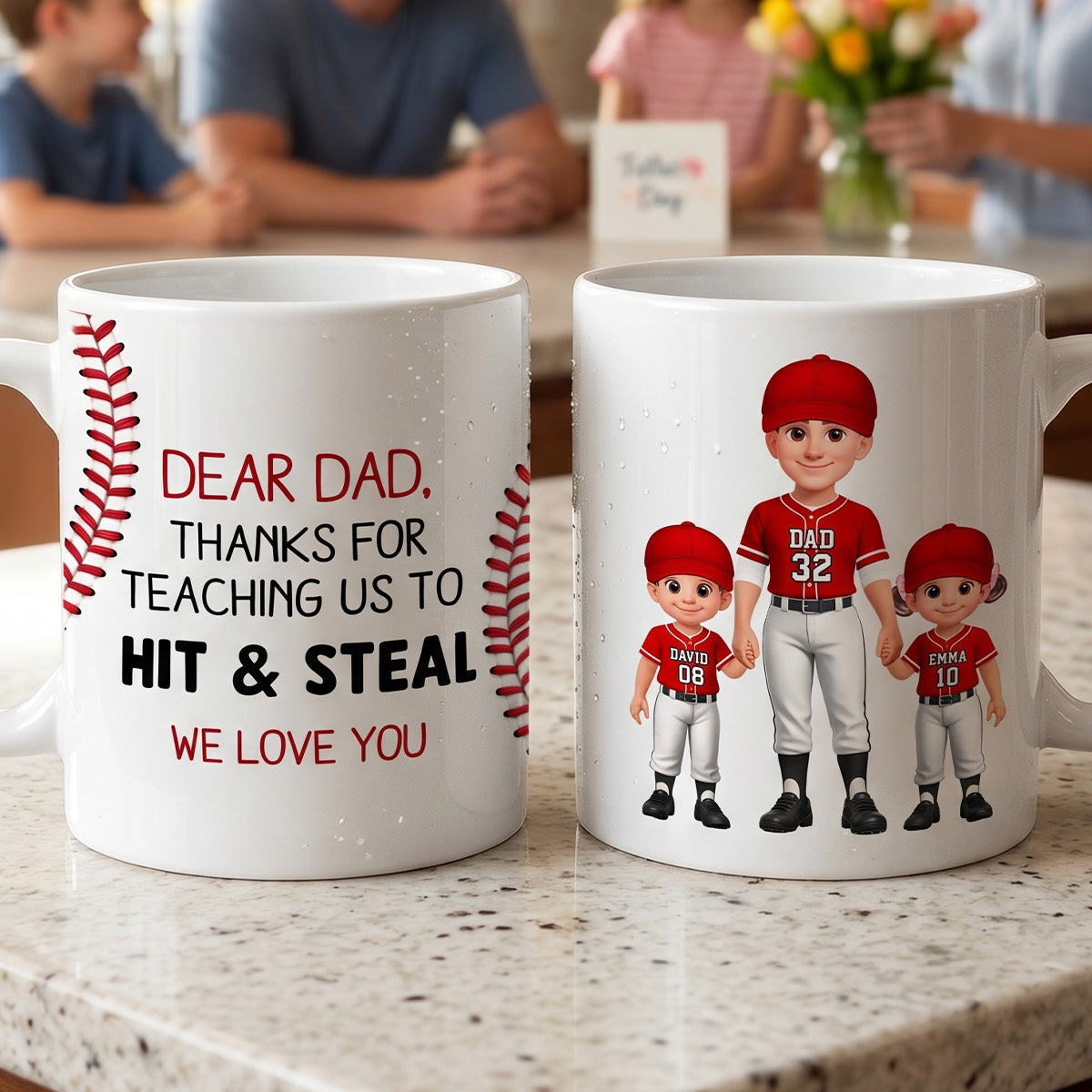 Thank You For Teaching Us To Hit & Steal Baseball Dad & Kids Standing - Personalized Mug - Father's Day Gift For Dad, Husband