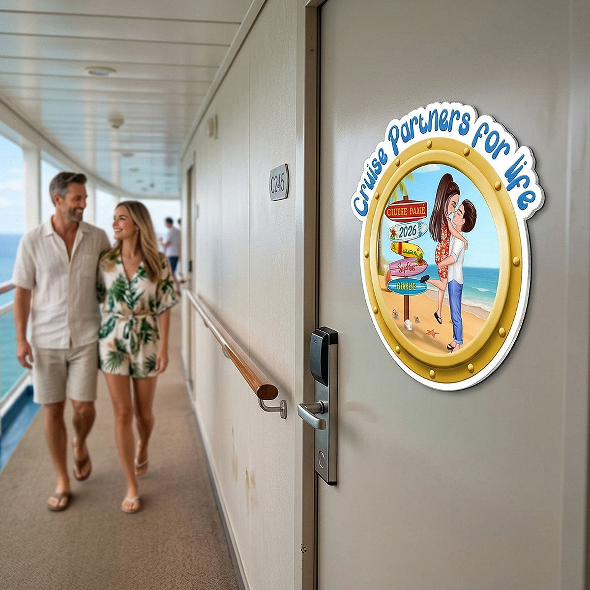 Cruise Partners For Life Porthole Doll Couple Hugging Kissing At Beach - Personalized Cruise Ship Door Magnet