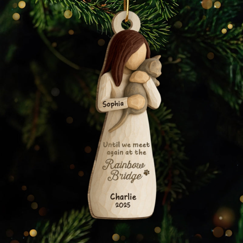 Until We Meet At Rainbow Bridge Woman & Cat 3D Effect - Personalized Wooden Ornament - Memorial Keepsake