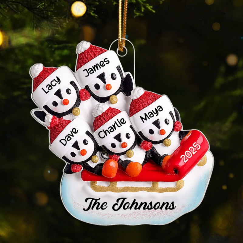 3D Effect Penguin Family On Sled - Personalized Acrylic Ornament