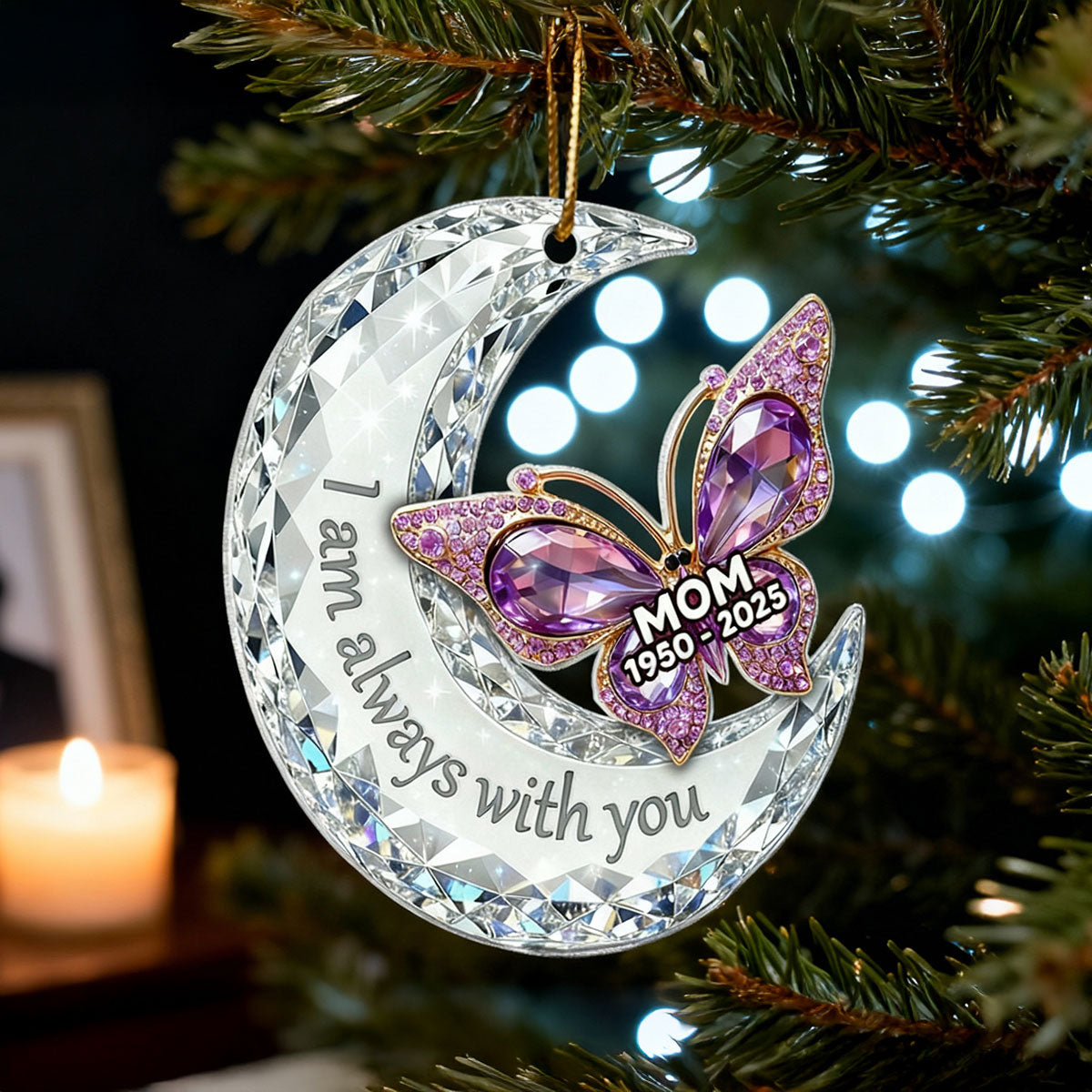 3D Effect Flat Christmas Butterfly Moon Memorial - Personalized Acrylic Ornament - Remembrance Gift, Sympathy Gift