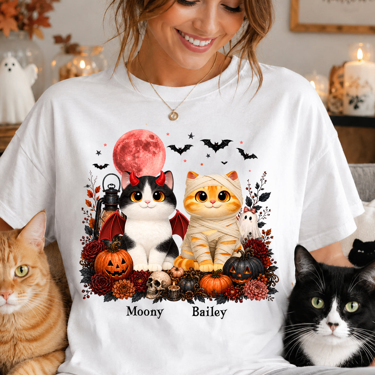 Halloween Floral Pumpkin Cats - Personalized Shirt - Trendy Fall Halloween Tee for Cat Lovers