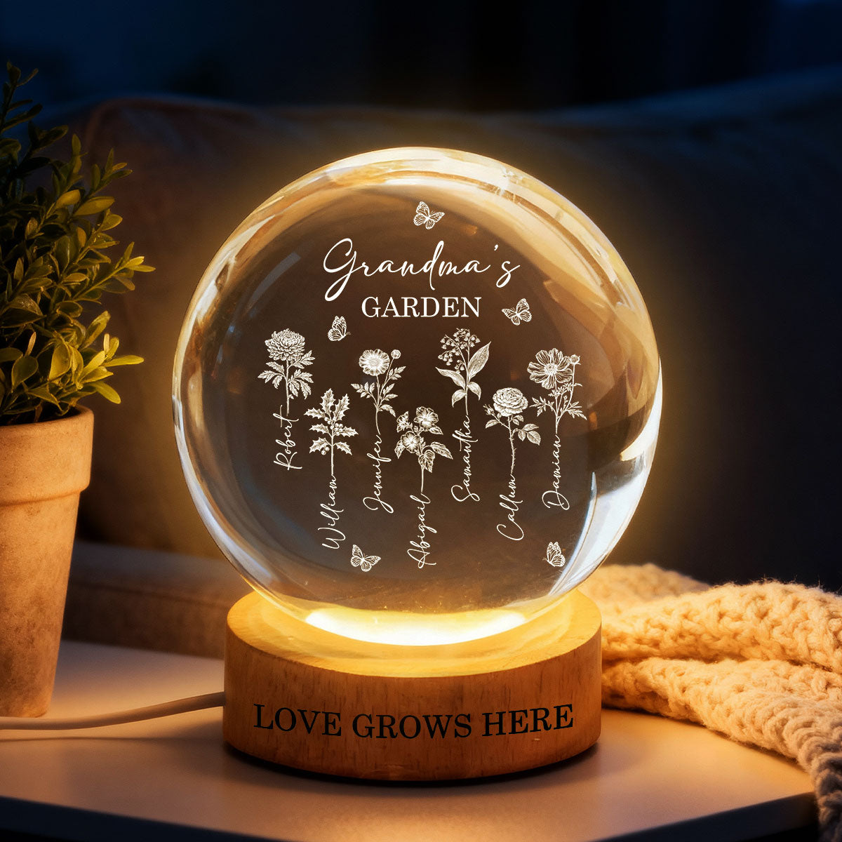 Grandma's Garden - Personalized Crystal Ball LED Night Light - Custom Birth Month Flowers, Heartfelt Gift for Grandma, Mom