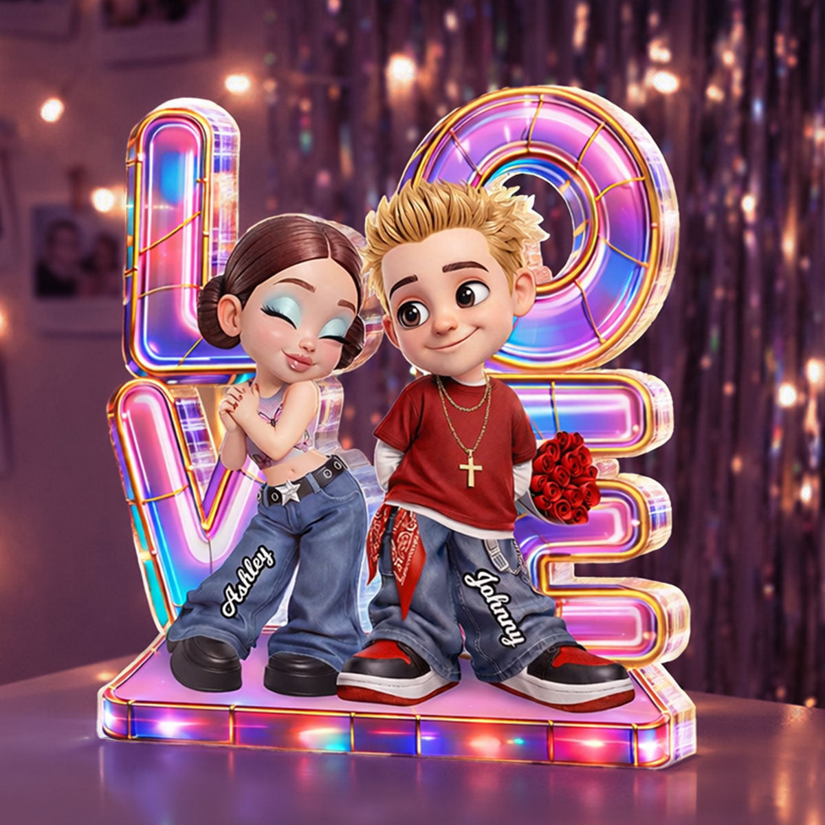 Holographic Love Y2K Couple - Personalized Acrylic Block Plaque - Valentine's Day Gift for Her, for Him