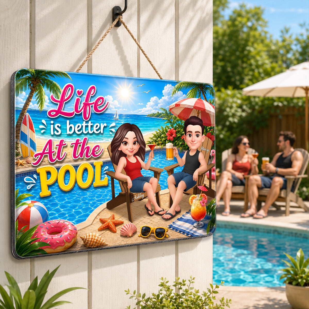 Life is Better at the Pool Summer Couple - Personalized Wood Sign - Summer Decor, Summer Housewarming Gift