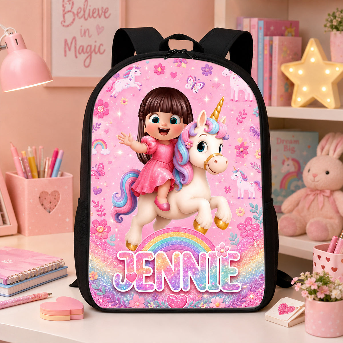 Unicorn Theme Design for Girls - Personalized Backpack - Back to School Gift for Daughters, Granddaughters