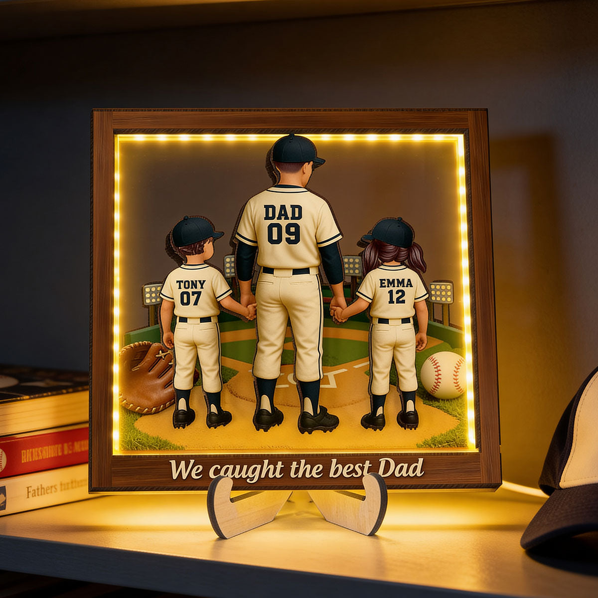 We Caught The Best Dad Baseball - Personalized Wooden Frame With LED - Heartfelt Gift For Baseball Dad