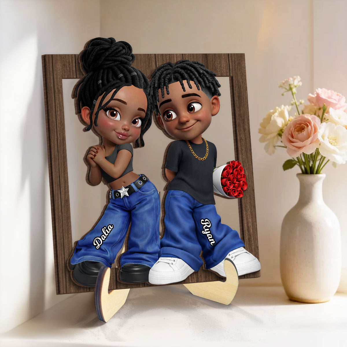 Trendy Y2K Couple Frame - Personalized 2-Layered Wooden Plaque - Heartfelt Valentine's Day Gift For Him, Gift For Her