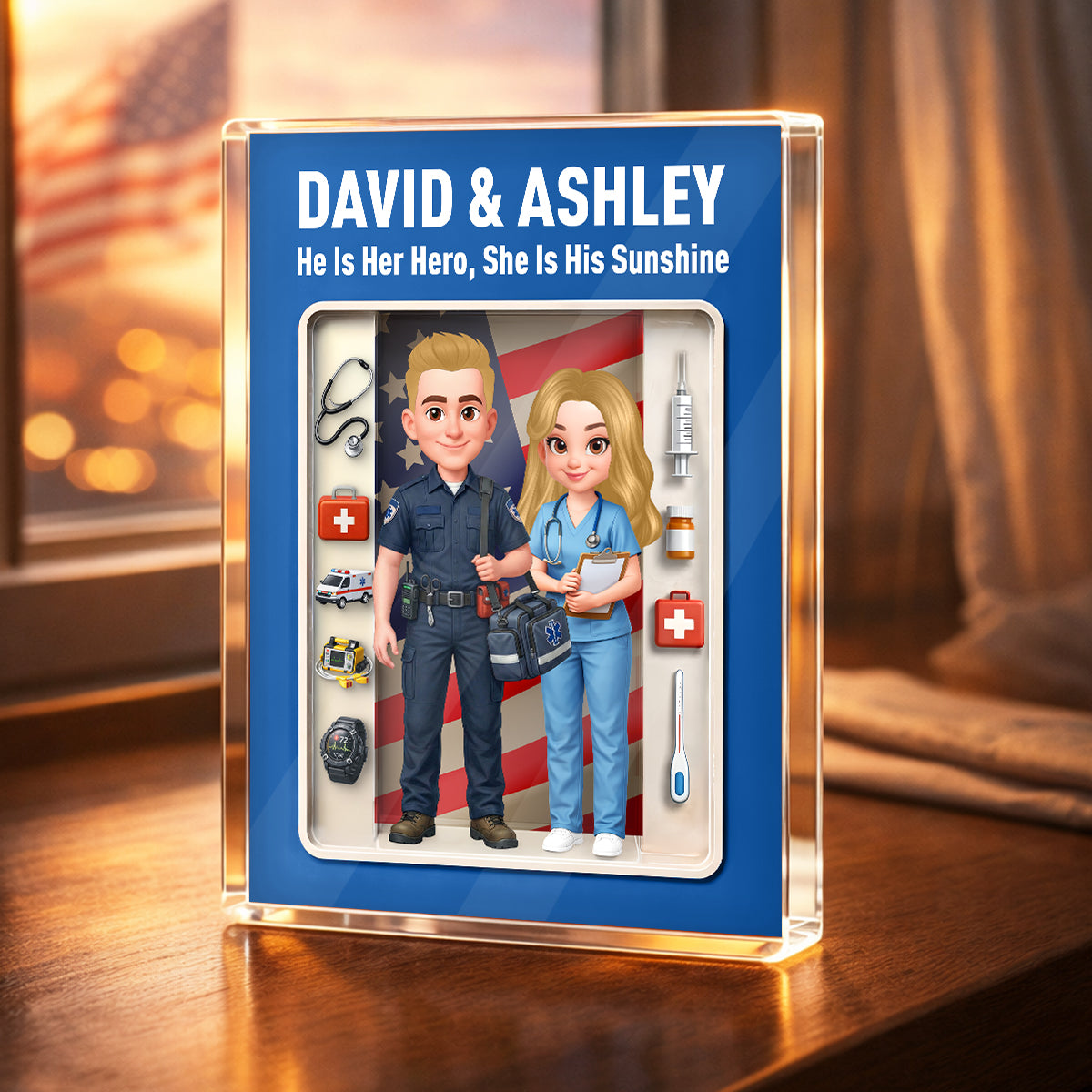 EMT & Nurse Couple 3D Action Figure - Personalized Acrylic Block Plaque - Heartfelt Gift for Him, for Her