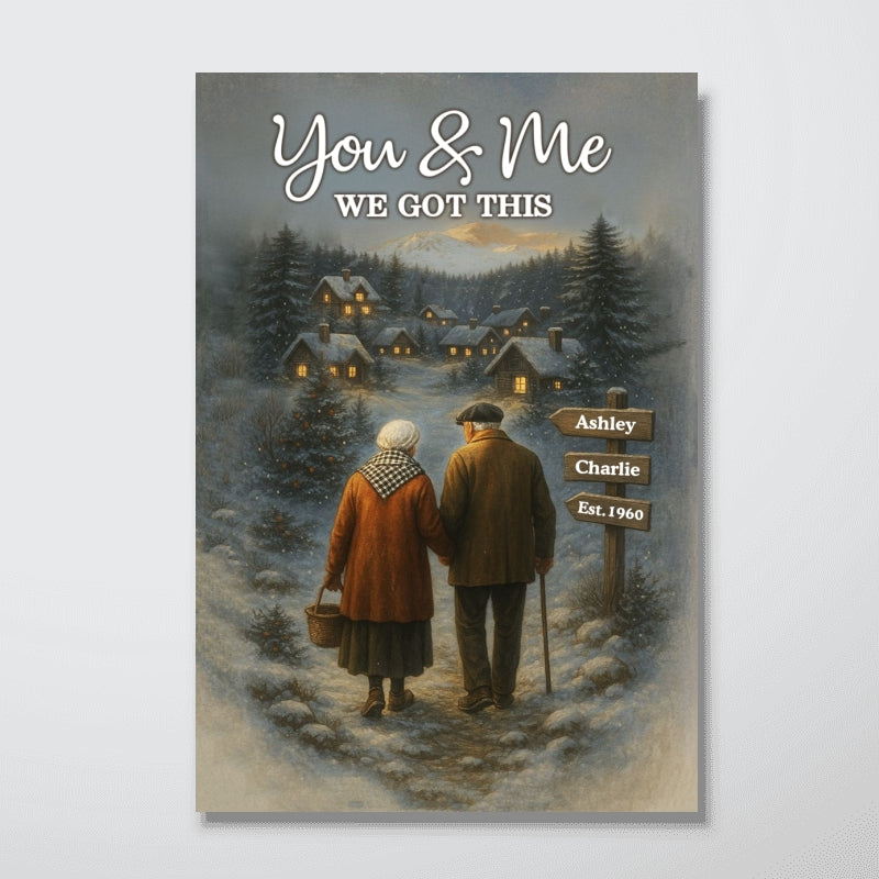 Old Couple Walking in Winter Scene - Personalized Poster - Heartwarming Christmas Gift for him, Gift for her